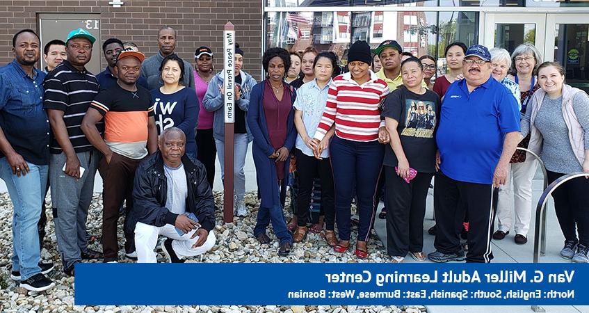 Adult Learning Center Peace Pole languages: North, English; South, Spanish; East, Burmese; West, Bosnian.